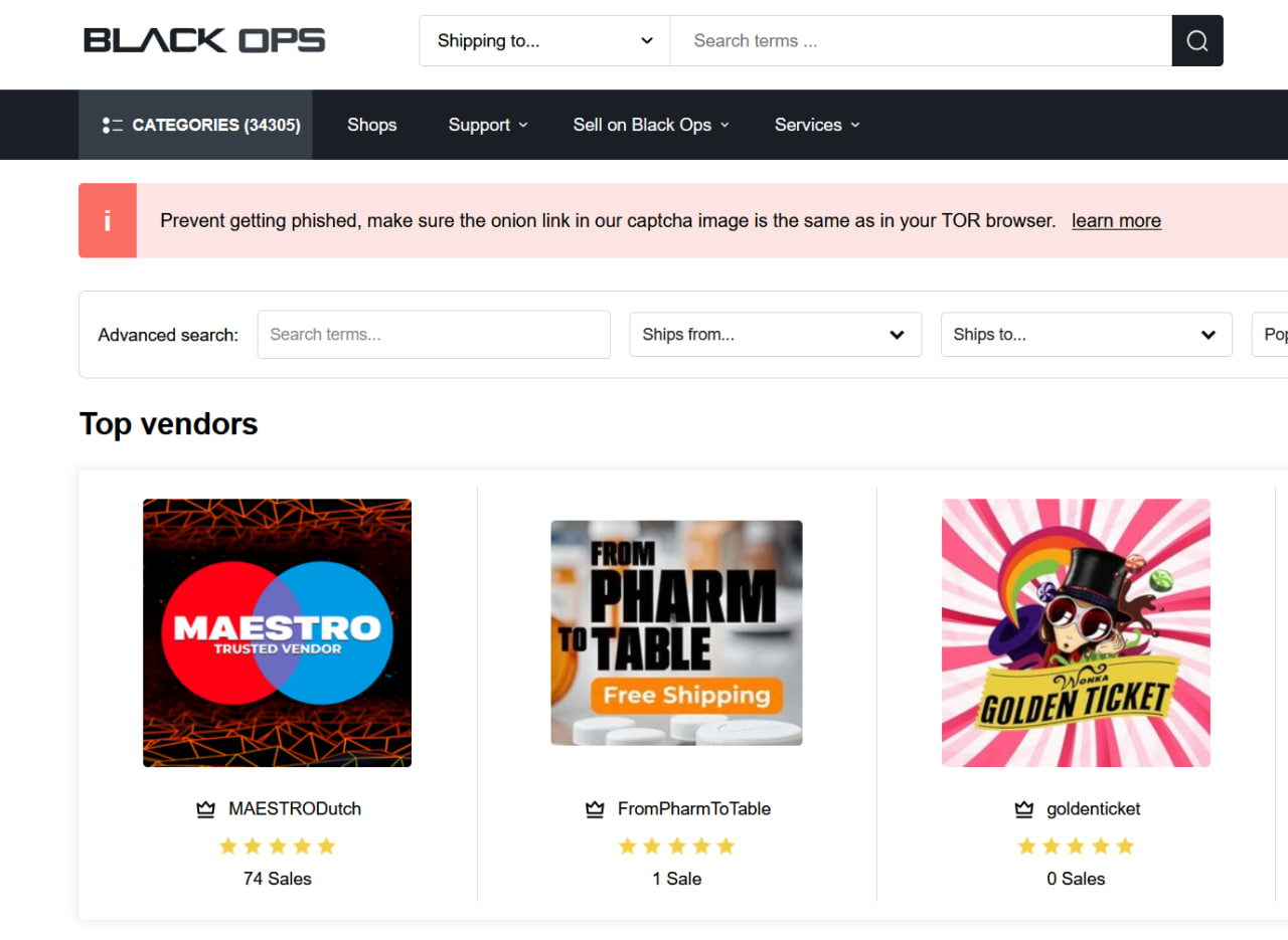 Blackops Market interface screenshot showing cybersecurity tools category