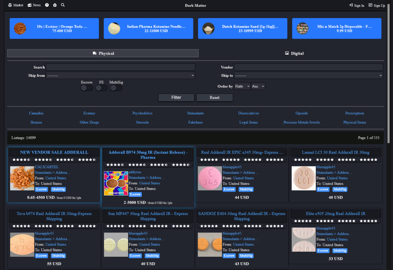 Darkmatter Market interface screenshot showing multi-currency listing grid