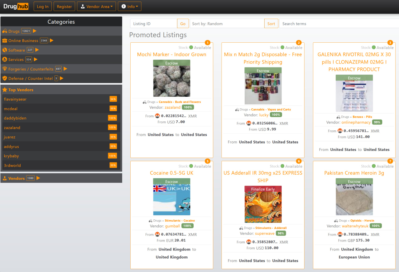 Drughub Market interface screenshot showing harm reduction listing panel