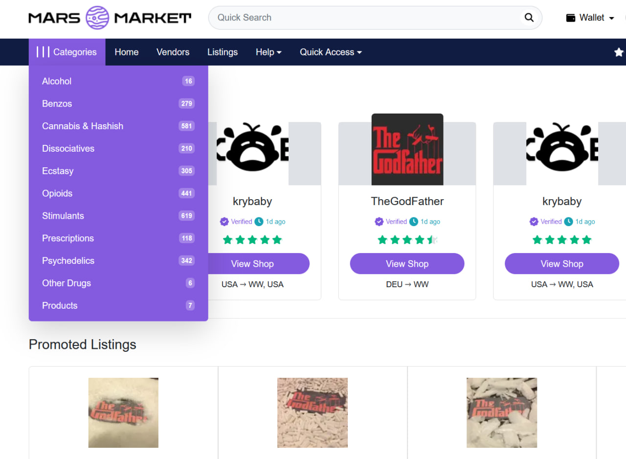 Mars Market darknet interface screenshot showing vendor tier progression dashboard