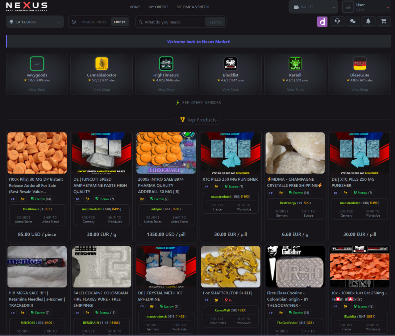 Nexus Market onion interface screenshot showing HUD listing view