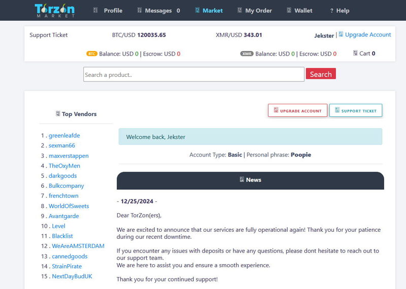 Torzon Market interface screenshot showing product listing dashboard