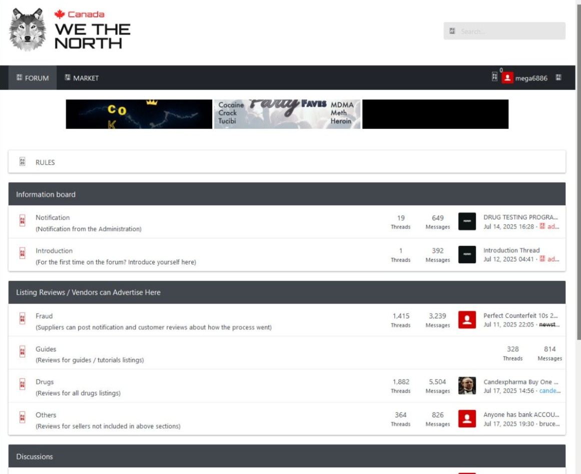 Wethenorth Market interface screenshot showing Canadian darknet community marketplace
